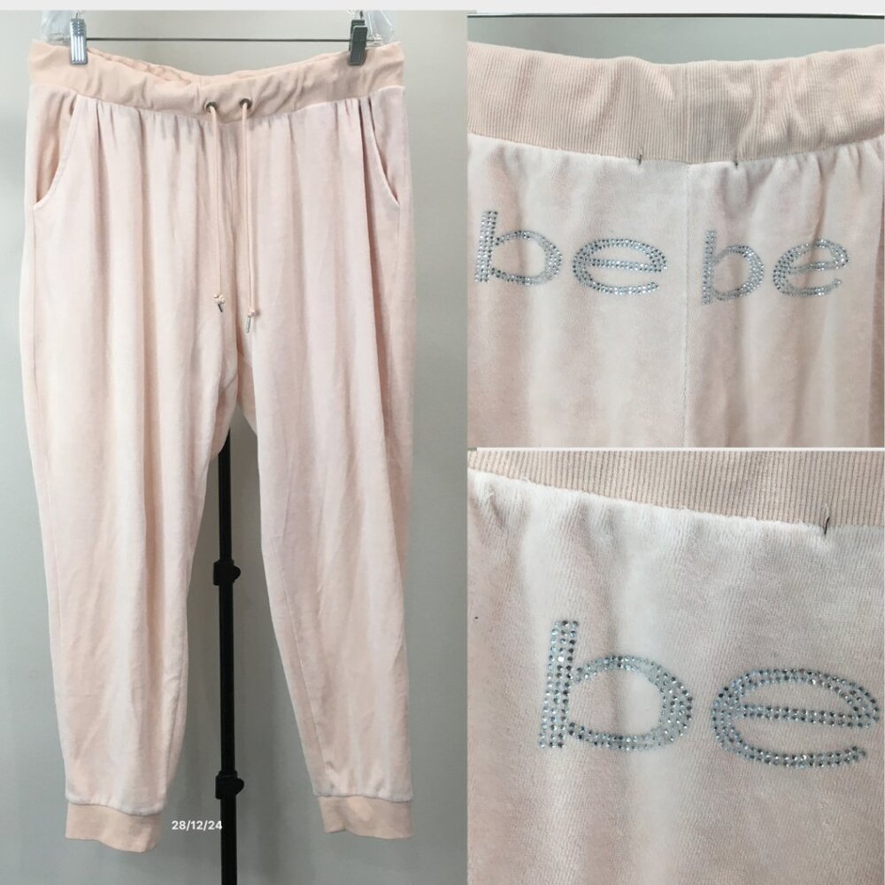 BEBE Peach Silver Logo Rhinestone Velour/Velvet Drawstring Jogger Lounge Pant